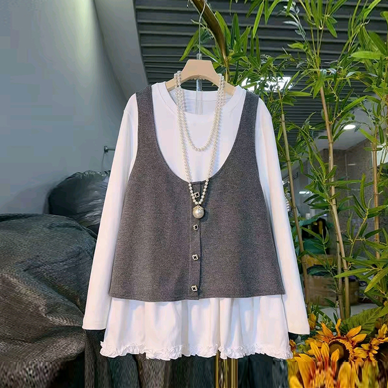 圆领长袖打底衫两件套大U领马甲