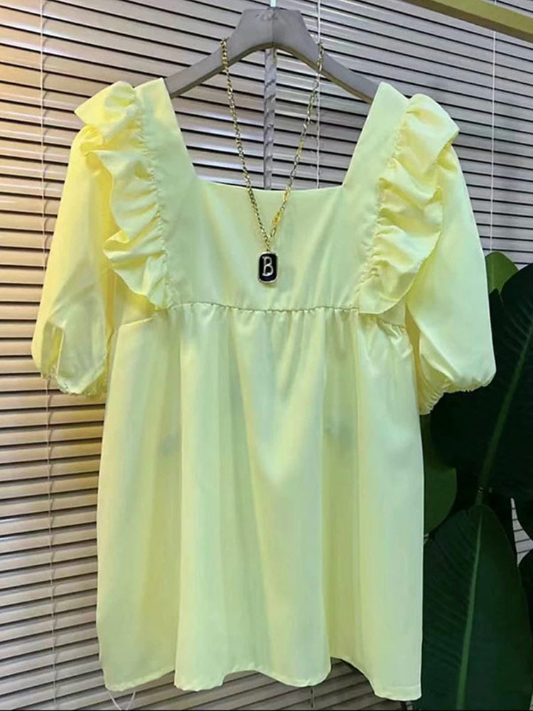 플러스 사이즈 여성용 스퀘어 넥 로터스 어깨 신축성있는 커프스 블라우스 뚱뚱한 소녀 용 한국 스타일 프레피 스타일 스위트 연령 감소 탑