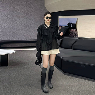 百搭小衫 加大码 小众设计洋气胖妹妹春秋款 上衣法式 女装 系带领长袖