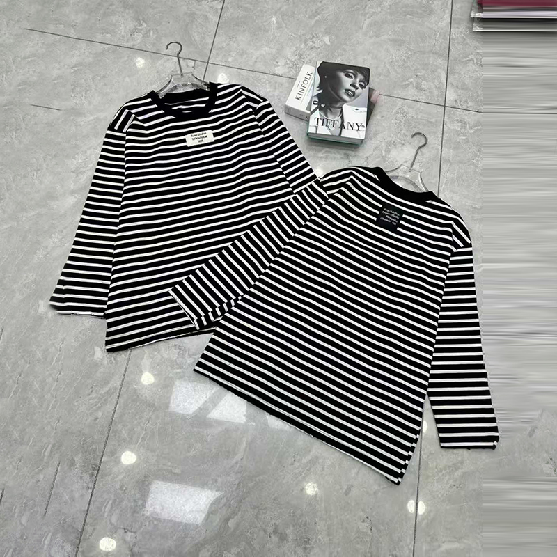 大码女装圆领长袖条纹上衣