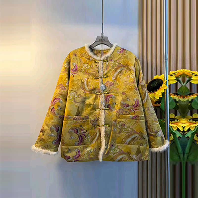 长袖毛边盘扣花朵国风棉服