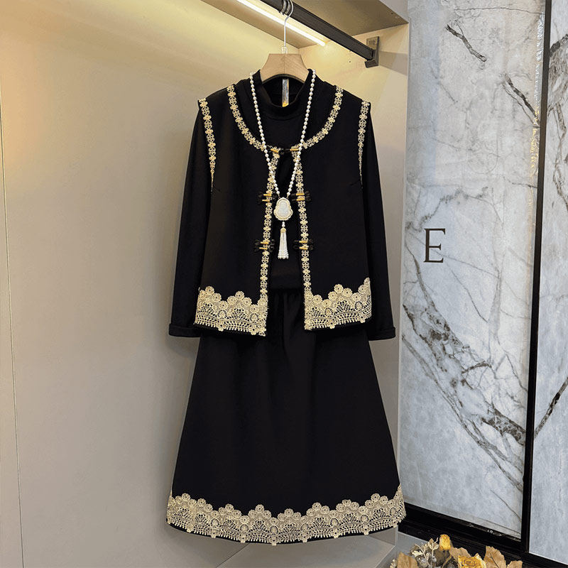 胖妹妹拼色边开衫马甲高领长袖打底衫半身裙时尚气质轻熟风三件套,女装/女士精品,大码套装,淘宝优惠券,粉丝福利购,淘宝优惠卷