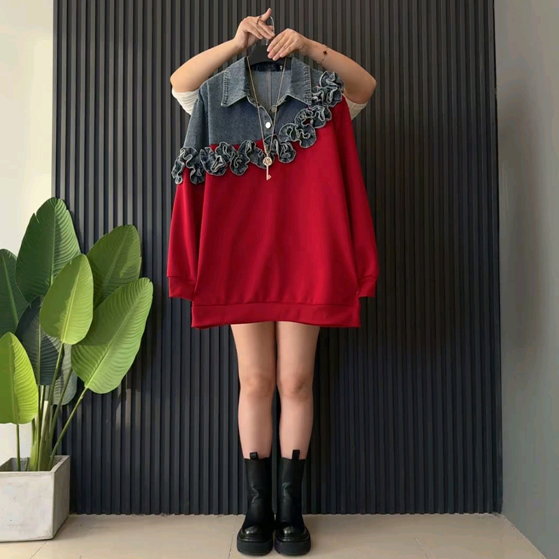 大码女装拼牛仔翻领长袖卫衣