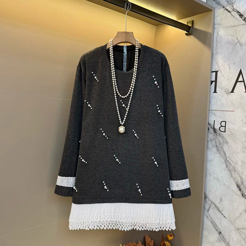 胖妹妹拼色底摆长袖钉珠圆领上衣宽松遮肚子大码女装韩版显瘦大衫,女装/女士精品,大码内搭,淘宝优惠券,粉丝福利购,淘宝优惠卷