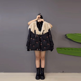 款 加大码 棉服胖妹妹冬季 毛毛翻领长袖 宽松显瘦黑色设计感外套 女装