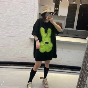 女装 遮肚子宽松时尚 大码 韩版 T恤 短袖 上衣胖妹妹圆领网格兔子半袖