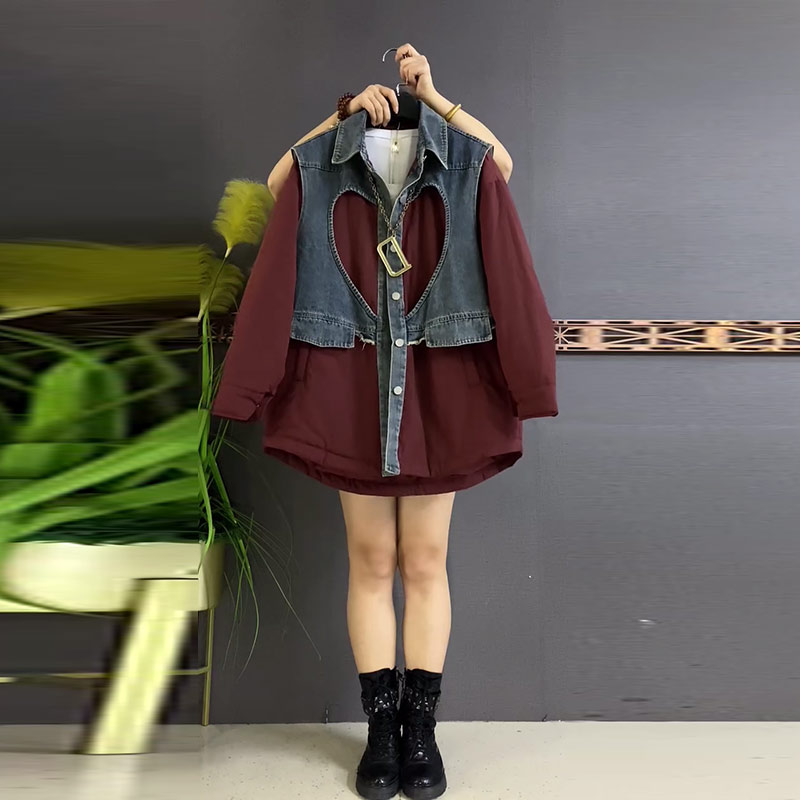 拼接牛仔翻领长袖棉服