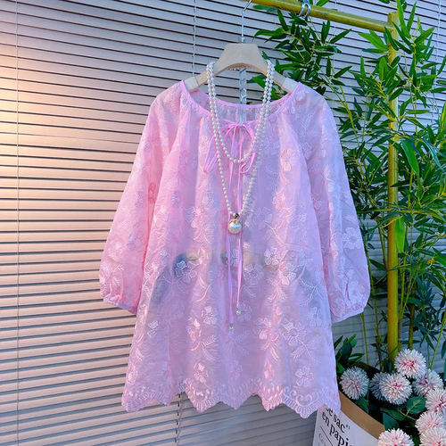 胖妹妹系带领暗花七分袖小衫