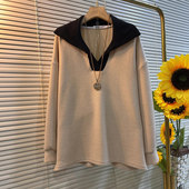 简约百搭针织衫 胖MM加肥拼色翻领长袖 女装 2024秋冬款 上衣韩版 大码