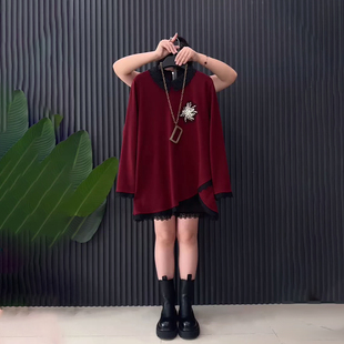 气质轻熟风百搭小衫 女装 上衣宽松遮肚子大码 胖妹妹加肥拼色领长袖