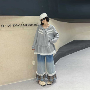 脚过度色牛仔裤 加肥大码 上衣胖MM格子裤 翻领拼色蕾丝边长袖 子 女装