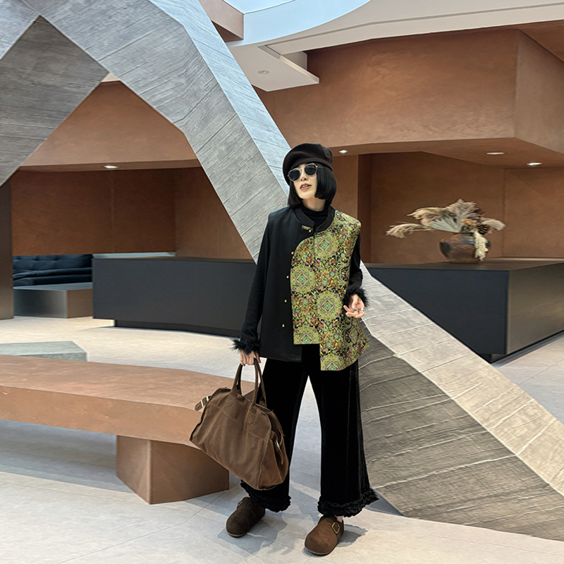 圆领拼色花朵AB版国风马甲