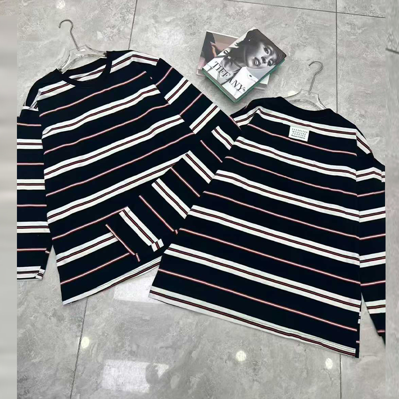 大码女装圆领长袖条纹上衣