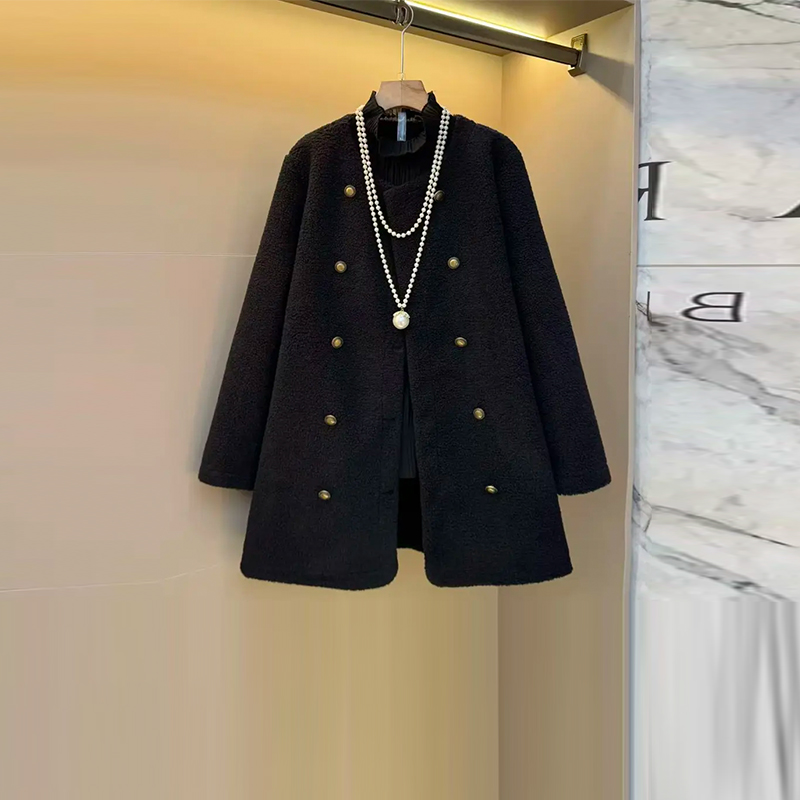 圆领长袖中长款羊羔毛外套