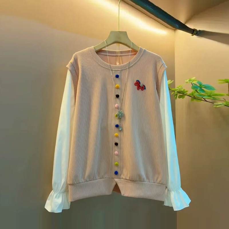 加肥大码女装彩色纽扣拼色长袖上衣胖妹妹学院风减龄韩版百搭外套,女装/女士精品,大码内搭,淘宝优惠券,粉丝福利购,淘宝优惠卷