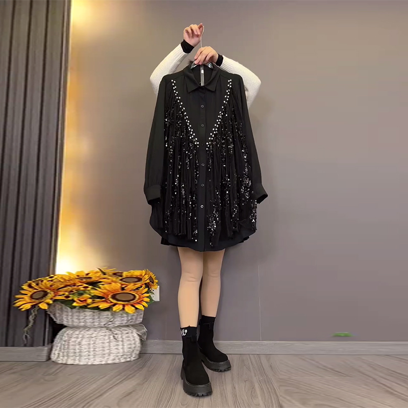 翻领长袖拼接钉珠亮片蕾丝衬衫