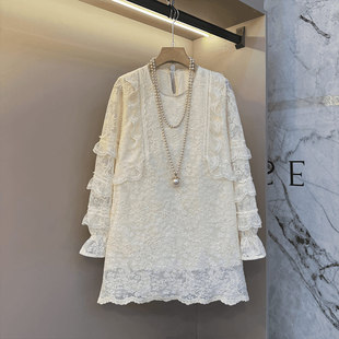 名媛风减龄洋气百搭大衫 胖妹妹加肥微喇袖 女装 蕾丝上衣大码 口长袖
