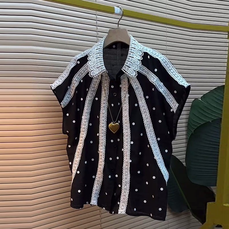 拼色翻领蕾丝条点点凯袖上衣小衫