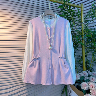加肥拼色长袖收腰上衣胖妹妹韩版2026早春新款百搭甜美淑女风小衫