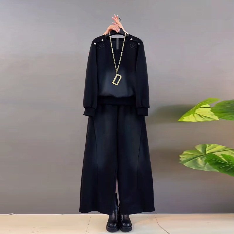 加大码女装纽扣肩长袖上衣阔腿长裤胖妹妹显瘦减龄百搭休闲两件套,女装/女士精品,大码套装,淘宝优惠券,粉丝福利购,淘宝优惠卷