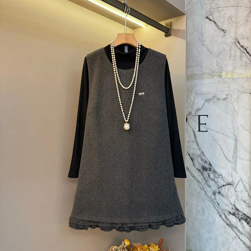 大码立领长袖打底衫荷叶边底摆马甲裙加肥简约秋冬款胖妹妹两件套