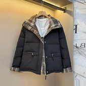 棉服2025冬季 新款 大码 胖妹妹拼接格子领长袖 女装 简约百搭保暖外套