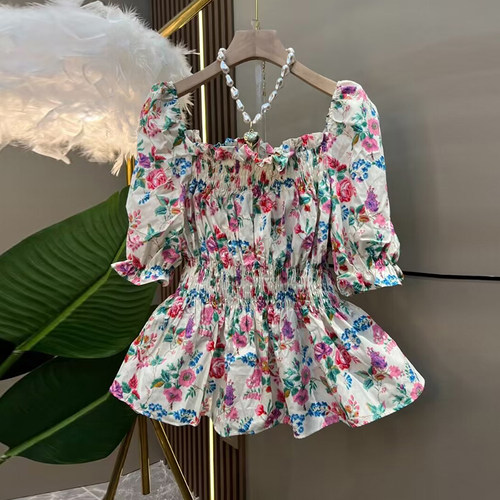 大码女装方领碎花半袖衫