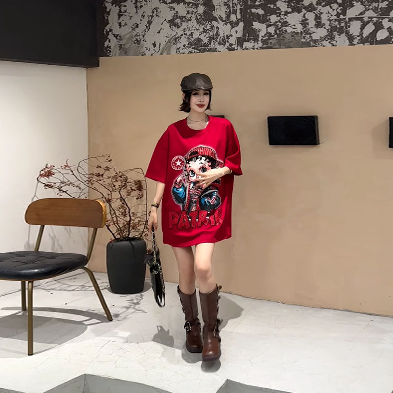 加大码女装拼色卡通图案短袖上衣欧货宽松遮肚子胖妹妹百搭T恤衫