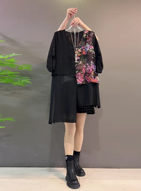 加肥胖妹妹V领拼接花朵AB版大衫显瘦大码女装2025夏季款百搭上衣