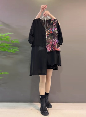 大码女装V领拼接花朵AB版大衫