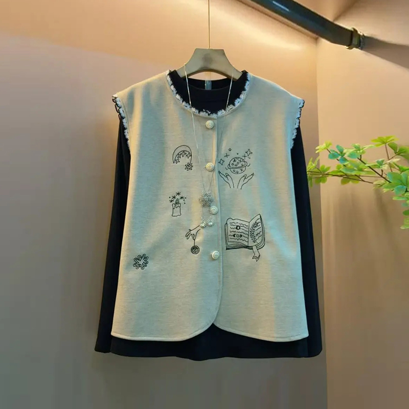 圆领蕾丝边马甲高领长袖打底衫