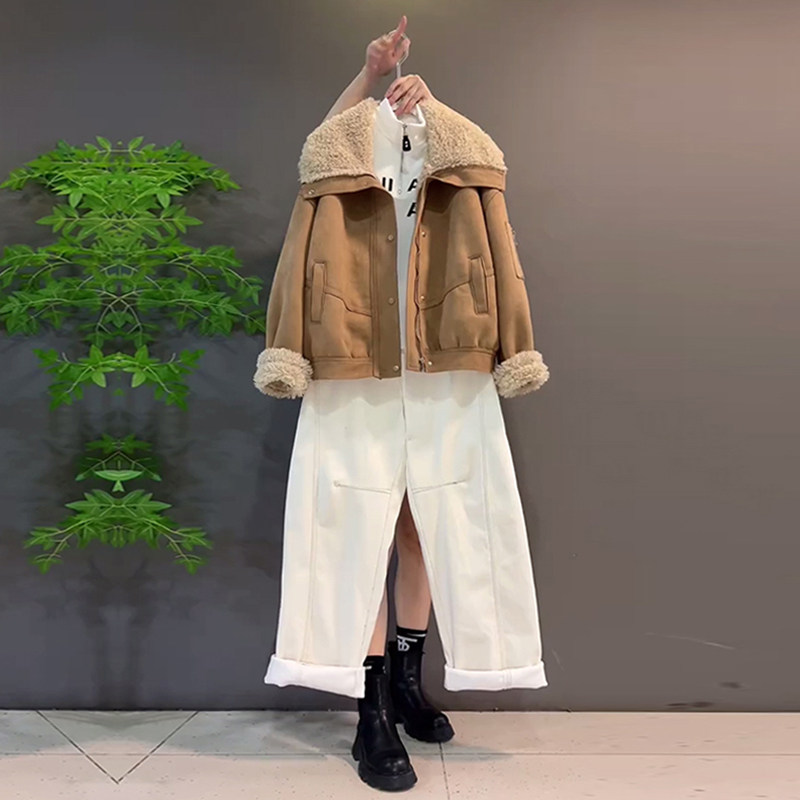 胖妹妹毛毛翻领长袖外套大码女装宽松遮胯简约百搭前压线休闲裤子,女装/女士精品,大码棉服,淘宝优惠券,粉丝福利购,淘宝优惠卷