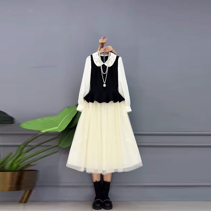 拼色网纱裙摆长袖连衣裙