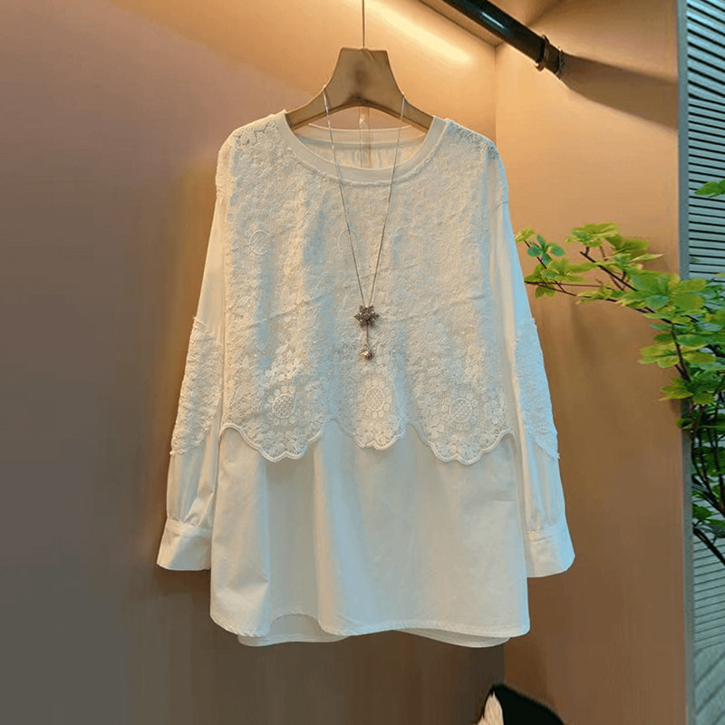 大码女装拼底摆长袖蕾丝花上衣胖妹妹韩版小众设计减龄淑女风小衫,女装/女士精品,大码内搭,淘宝优惠券,粉丝福利购,淘宝优惠卷