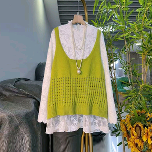 胖MM秋冬款 大码 蕾丝打底衫 立领长袖 纯色简约宽松针织吊带马甲 女装