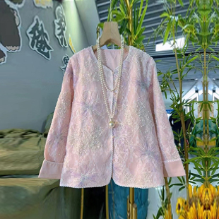 新中式 加肥圆领长袖 2026春秋新款 女装 气质洋气外套 刺绣花上衣大码