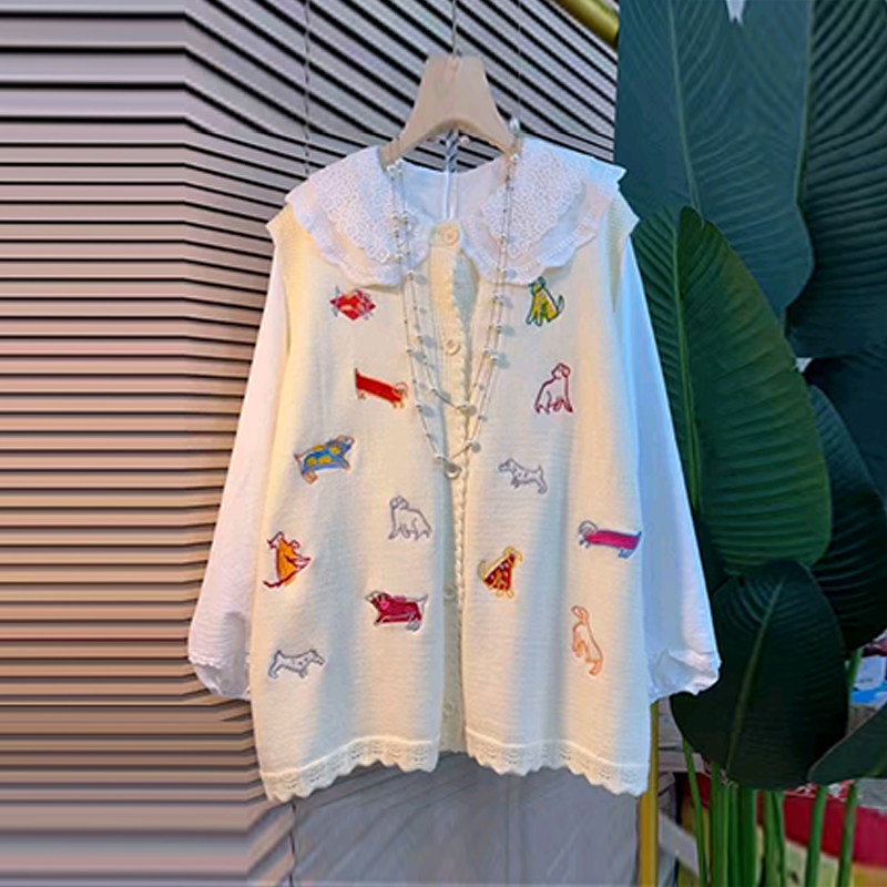 加肥女卡通图案针织马甲韩版减龄胖妹妹学院风蕾丝娃娃领长袖衬衫,女装/女士精品,大码内搭,淘宝优惠券,粉丝福利购,淘宝优惠卷
