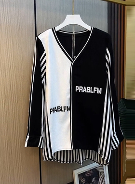 220斤加肥大码女装休闲百搭长袖衬衫胖MMV领字母AB版拼接条纹上衣