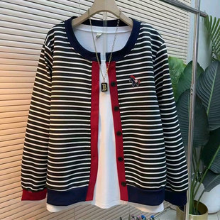 大码女装圆领拼色边长袖条纹外套胖妹妹2026早春新款百搭减龄上衣