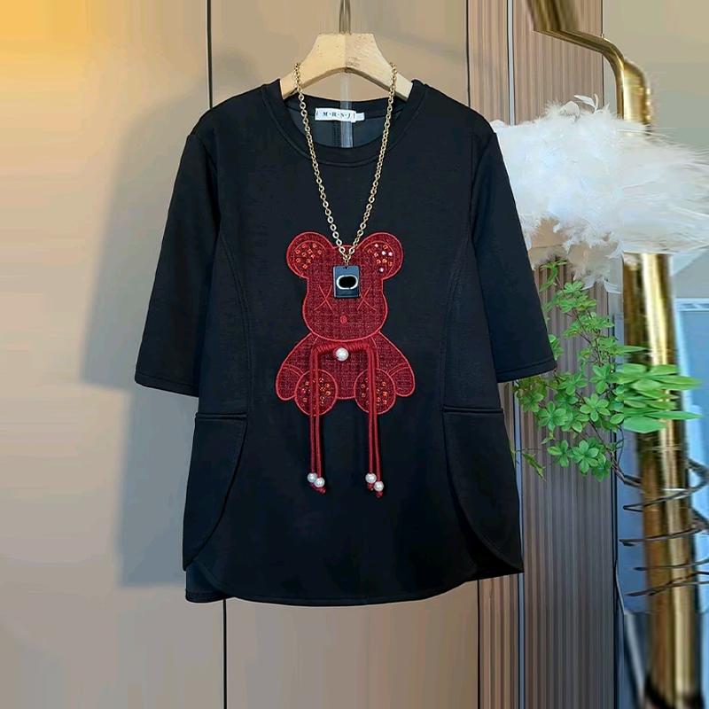 流苏扣卡通图案短袖上衣