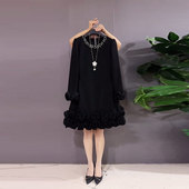 裙子 女装 连衣裙大码 气质设计感中长款 胖妹妹荷叶边底摆钉珠领长袖