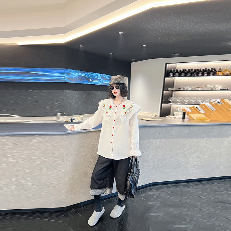 胖MM加肥花朵娃娃领长袖衬衫大码女装法式气质学院风甜美减龄上衣