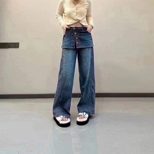 加肥拼纽扣短裙假两件牛仔长裤欧洲站胖妹妹气质减龄洋气显瘦裤子