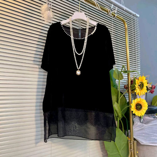 大码女装钉珠领侧开叉短袖上衣