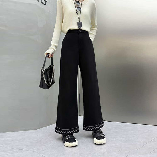 拼色波浪纹裤脚阔腿加绒裤子
