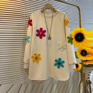 加肥显瘦针织彩色花朵圆领上衣宽松遮肚子大码女装秋季款减龄卫衣