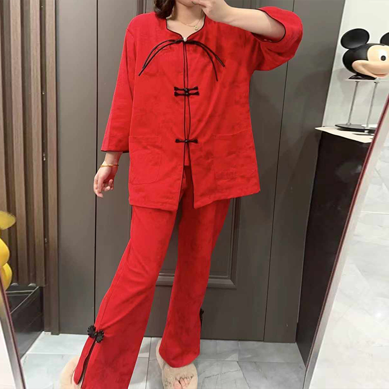 流苏扣八分袖上衣阔腿裤子两件套