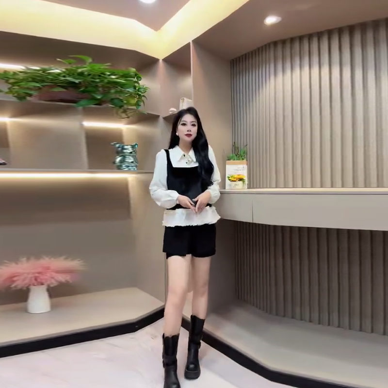 翻领长袖拼色假两件衬衫