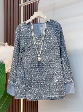 加肥V领满身亮片重工长袖上衣大码女装秋冬款法式设计感百搭小衫