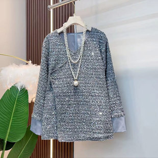 加肥V领满身亮片重工长袖上衣大码女装秋冬款法式设计感百搭小衫